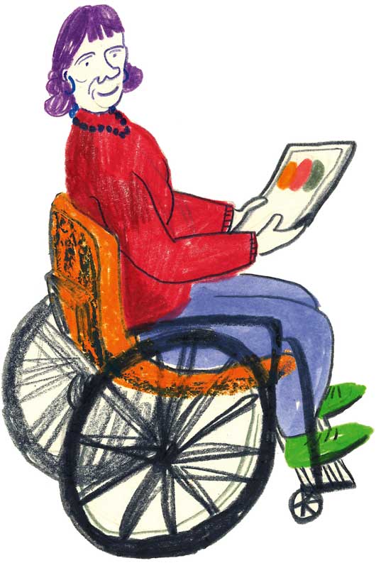 Bild: Eine Frau sitzt im Rollstuhl und informiert sich über die Genossenschafts-Plattform auf einem Tablet.