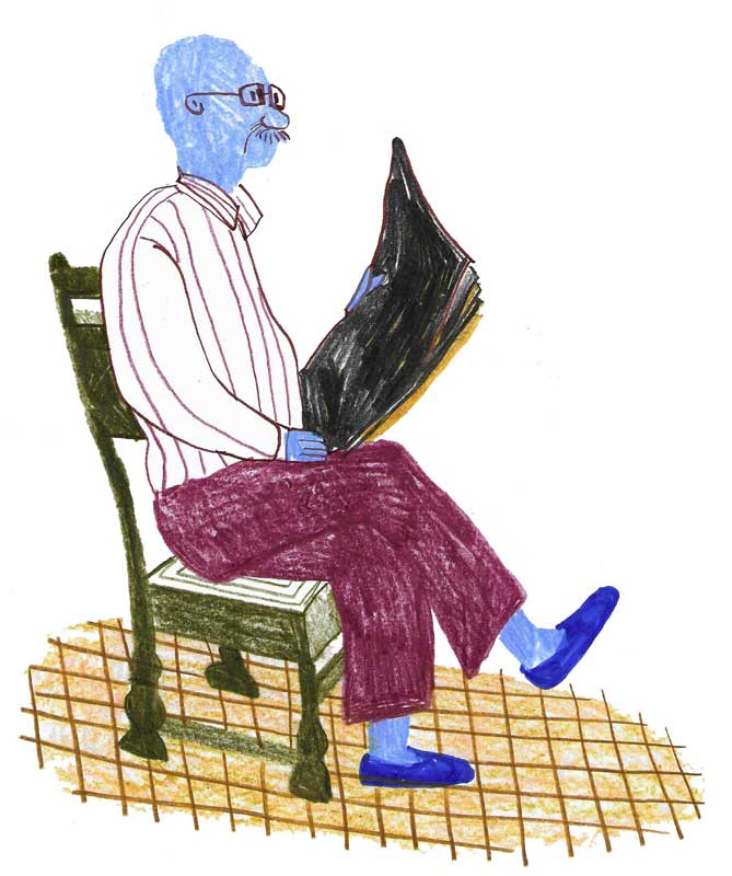 Bild: Ein Mann sitzt auf einem Stuhl und lieset Zeitung.